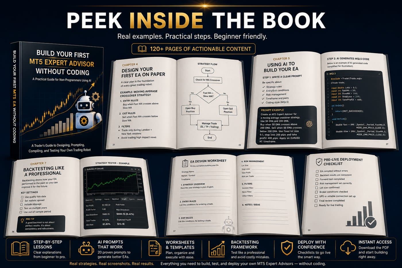 Peek inside the book β real chapter pages, worksheets, AI prompt examples and backtesting screenshots